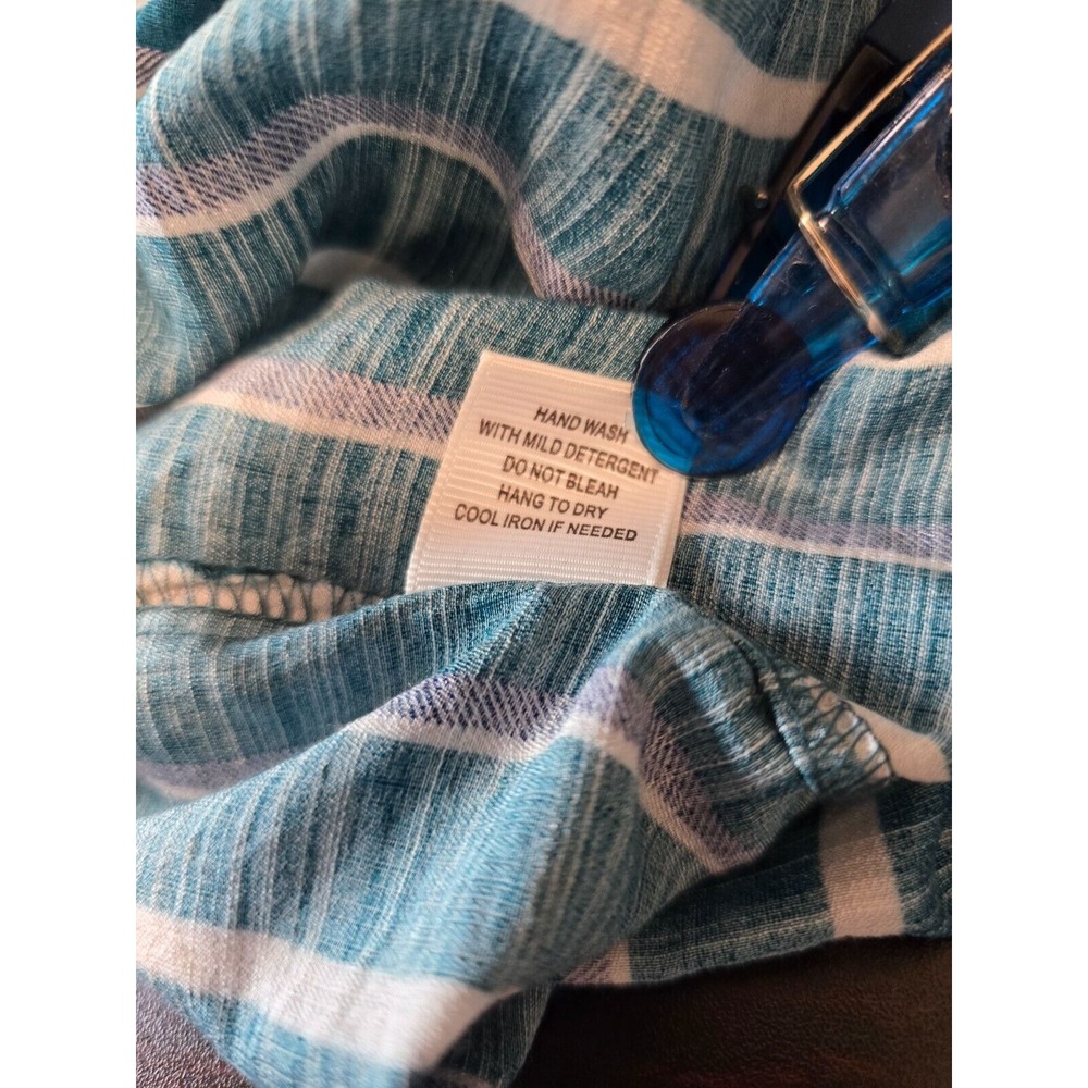 Eden‎ & Olivia Top Women's Turquoise White Stripped Button Down Roll Tab Sleeve - Picture 6 of 14